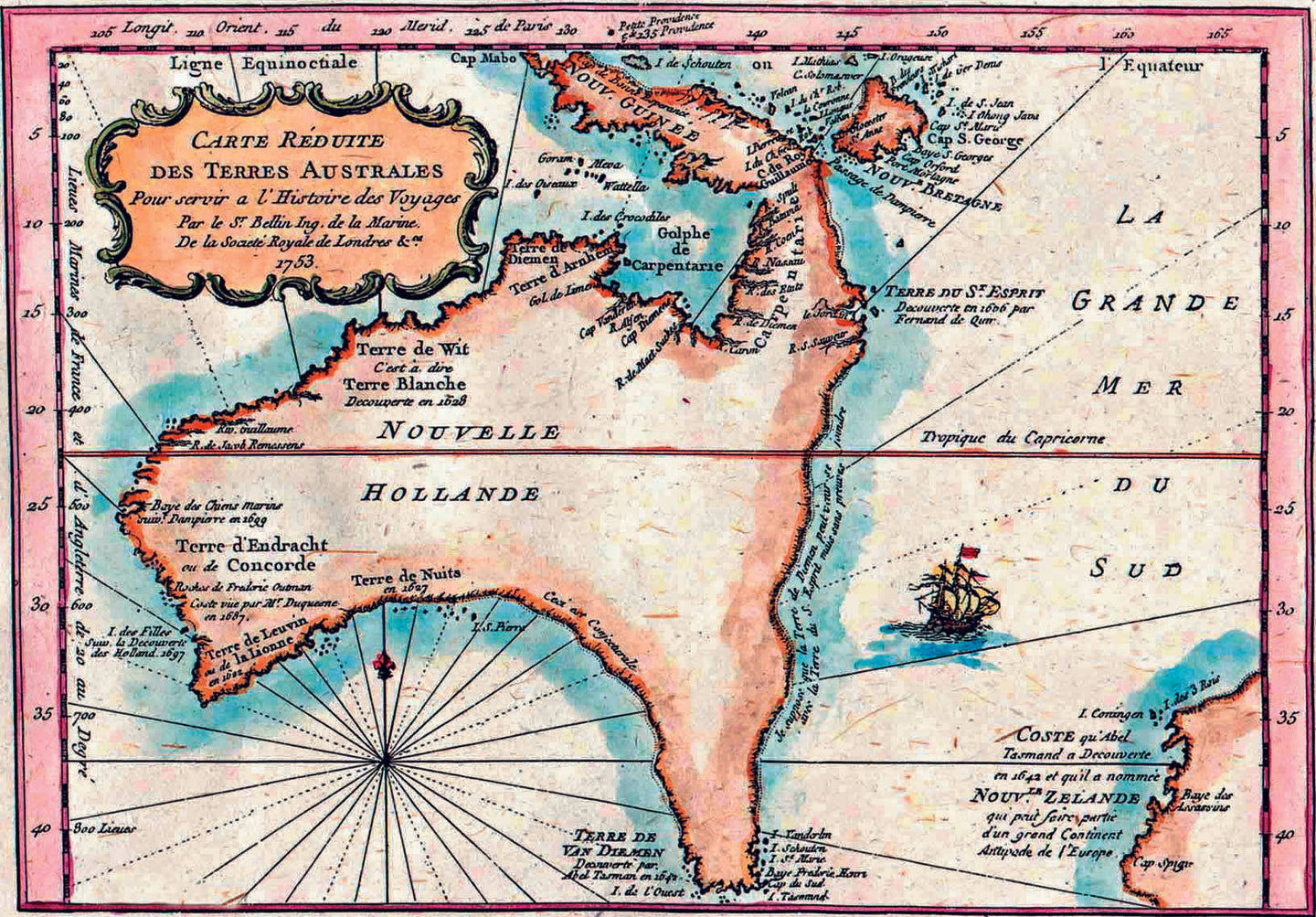 Carte Reduite Des Terres Australes, Bellin, Paris 1753 - hand coloured stretched canvas - ready to hang