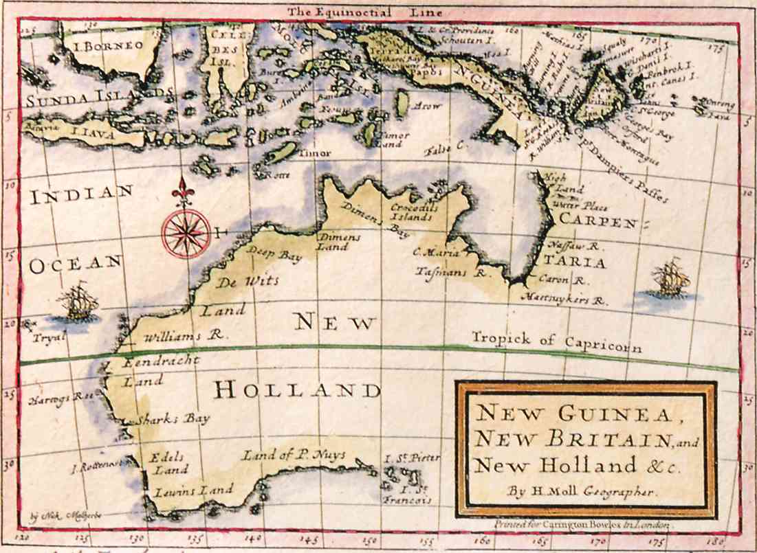 New Guinea, New Britain and New Holland, Moll, London 1720 - hand coloured framed print - ready to hang