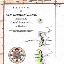 Van Diemens Land, Furneaux 1773, showing the track of the Adventure, Cook's Second Voyage - hand coloured framed print - ready to hang