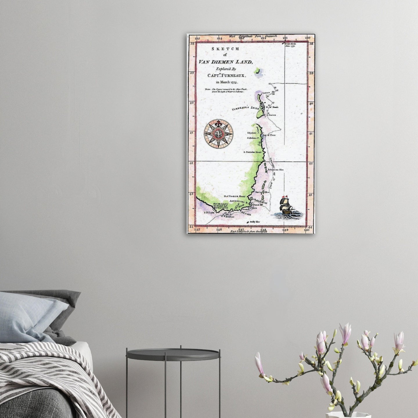 Van Diemens Land, Furneaux 1773, showing the track of the Adventure, Cook's Second Voyage - hand coloured stretched canvas - ready to hang
