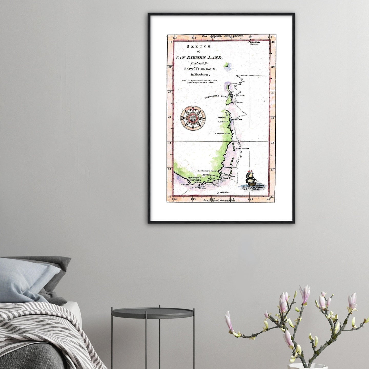 Van Diemens Land, Furneaux 1773, showing the track of the Adventure, Cook's Second Voyage - hand coloured framed print - ready to hang